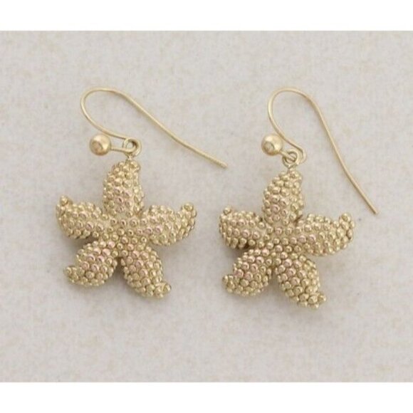 10k Yellow Gold Puffy Starfish Seashell Earrings Dangle Drop - Picture 1 of 7